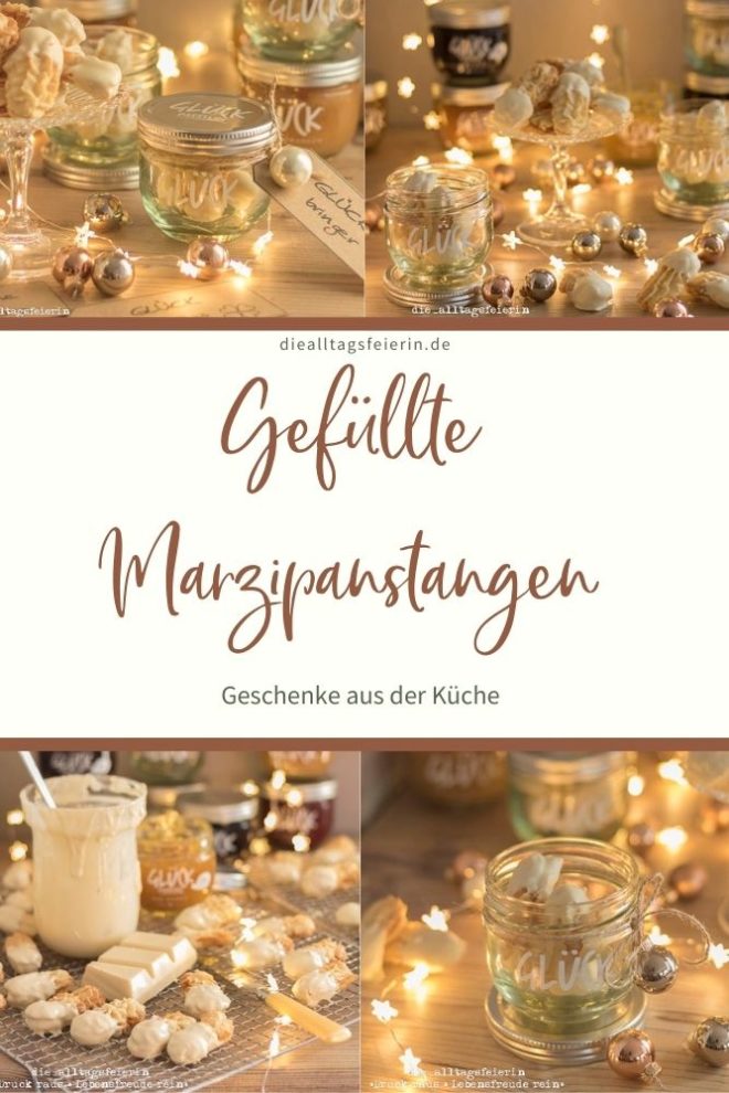 Gefüllte Marzipanstangen mit weißer Schokolade und deiner Lieblingsmarmelade. Ich liebe die Kombination Marzipan-Mango. Dazu Freebie für GLÜCKs-Bringer-Anhänger