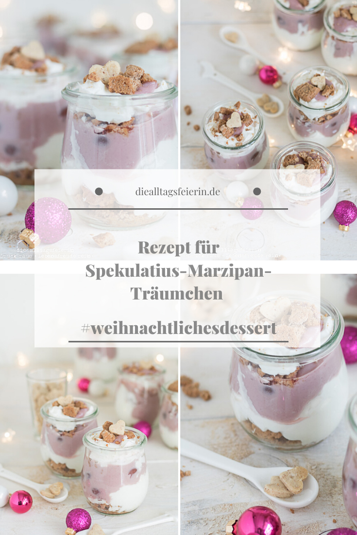 Spekulatius-Marzipan-Traeumchen, weihnachtliches Dessert mit Kirschen, Marzipan und Spekulatius, leicht und lecker
