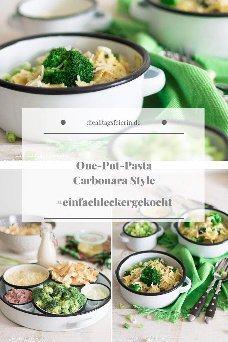 One-Pot-Rezepte. One-Pot-Pasta Carbonara Style. Schnelle Pasta mit Brokkoli und Schinken frisch gekocht.