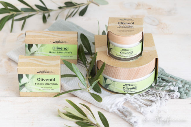 Test der nachhaltigen Olivenöl-Pflegeserie von medipharma cosmetics: festen Olivenöl-Shampoo, Olivenöl Hand- und Duschseife, Olivenöl-Körpercreme und der reichhaltigen Olivenöl-Gesichtscreme
