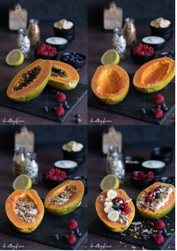 Papaya-Boote mit Joghurt, Granola und Früchten, Rezept von foodbeatz.com