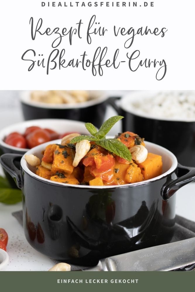 Rezept für ein buntes veganes Süßkartoffel-Curry mit Hokkaidokürbis, Cherrytomaten, Paprika