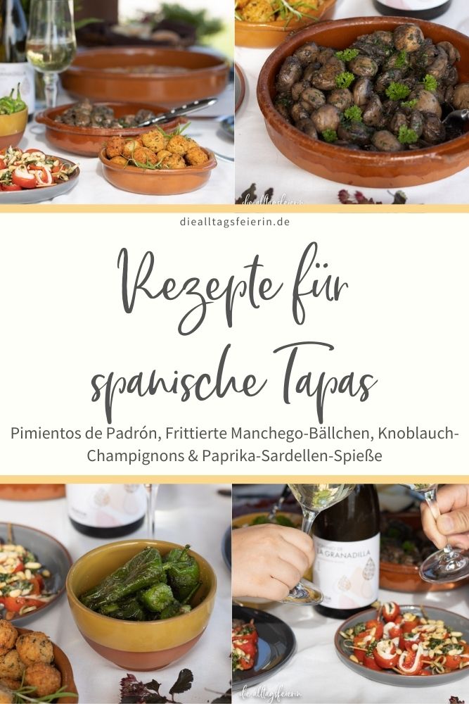 Spanische Tapas mit Wein von D. O. Rueda, Dominik de la Granadilla, Rezepte für Pimientos de Padrón, Frittierte Manchego-Bällchen, Knoblauch-Champignons & Paprika-Sardellen-Spieße